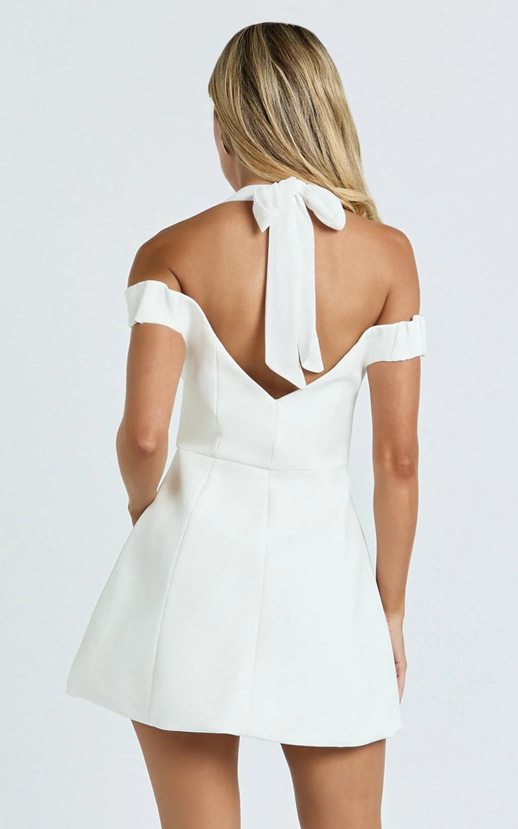 Baylee Mini Dress - Off Shoulder Button Front Tulip Skirt Dress in White