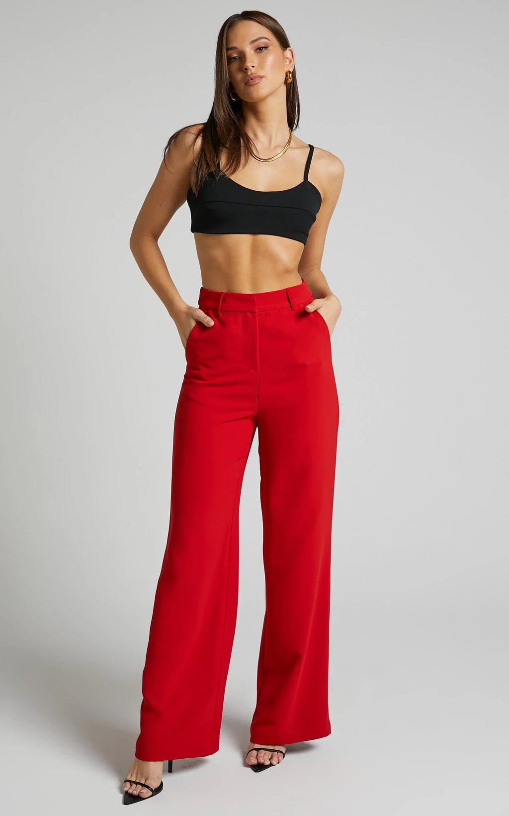 Bonnie Pants - High Waisted Tailored Wide Leg Pants in Red