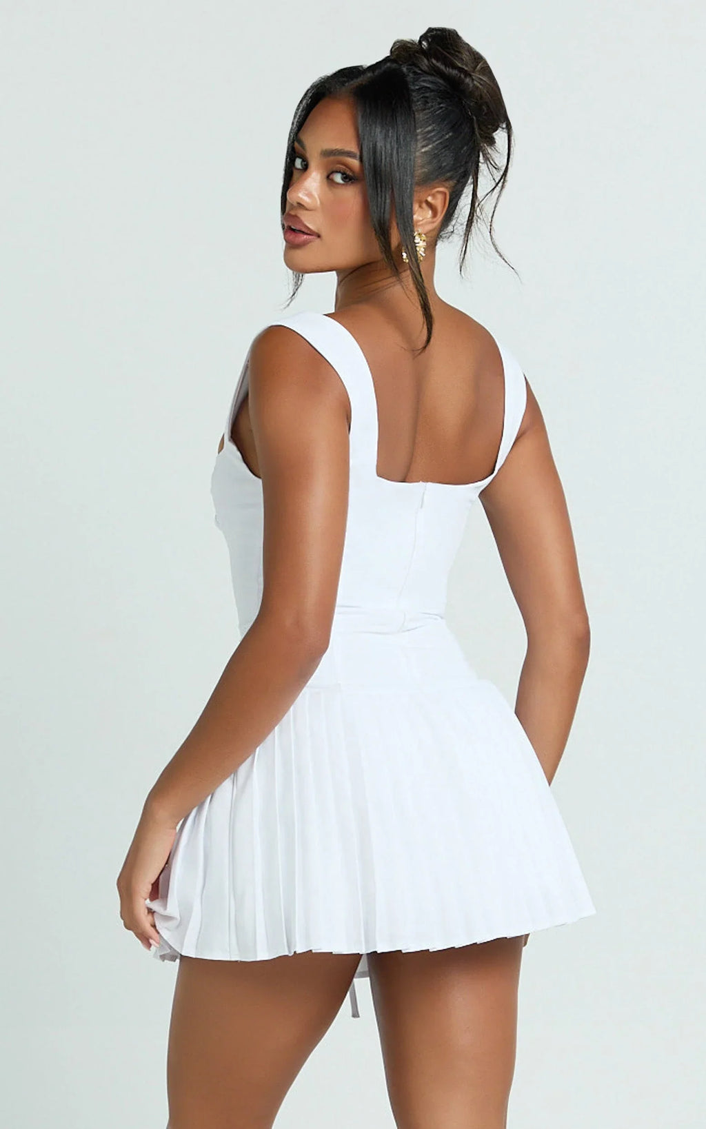 Fraida Mini Dress - Lace Front Dropped Waist Pleated Dress in White