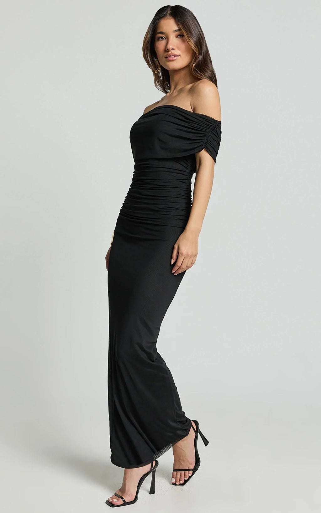 Caterina Maxi - Ruched Off Shoulder Mesh Dress in Black