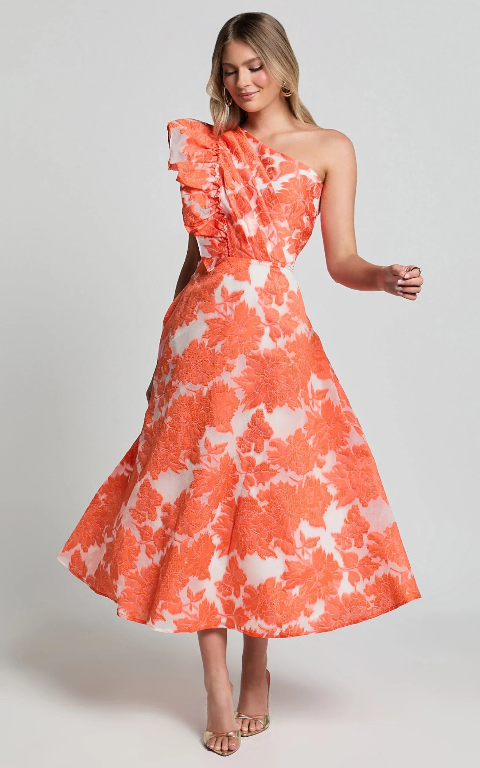 Alfreda Midi Dress - One Shoulder Ruffle Detail Brailey Jacquard Dress in Orange Jacquard