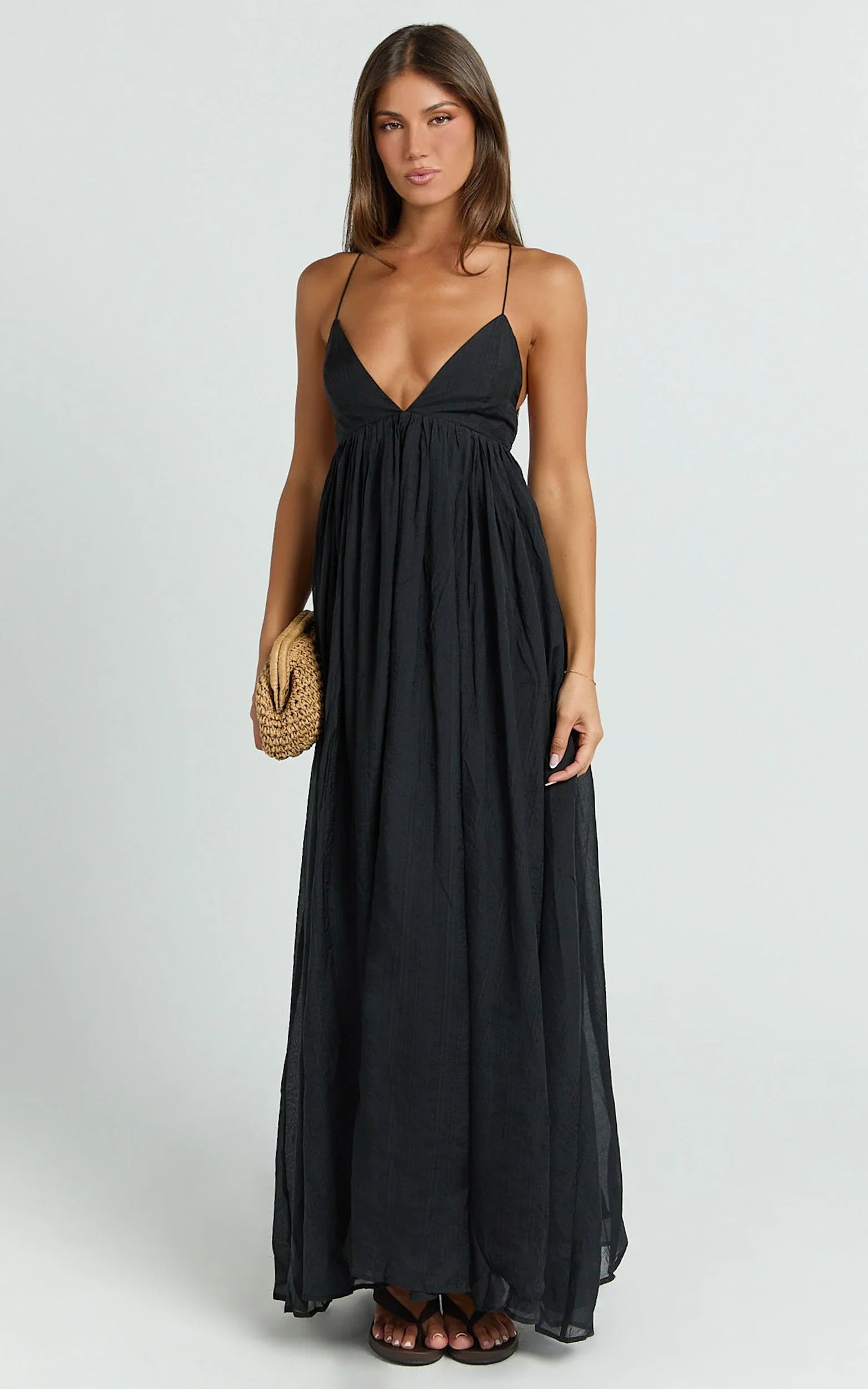 Kourtney Maxi Dress - Plunge V Neck Fit And Flare Dress in Black