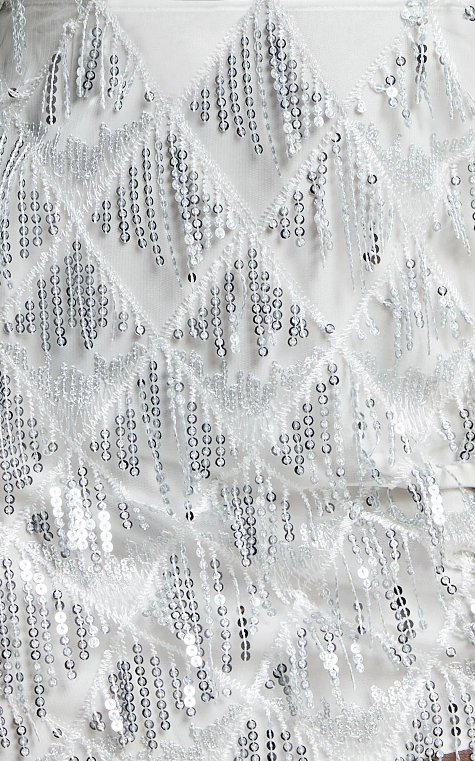 Khrizza Mini Skirt - Sequin Diamond Mesh Skirt in White/Silver