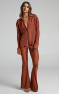 Rosamund Pants - High Waisted Crinkle Flared Pants in Clay