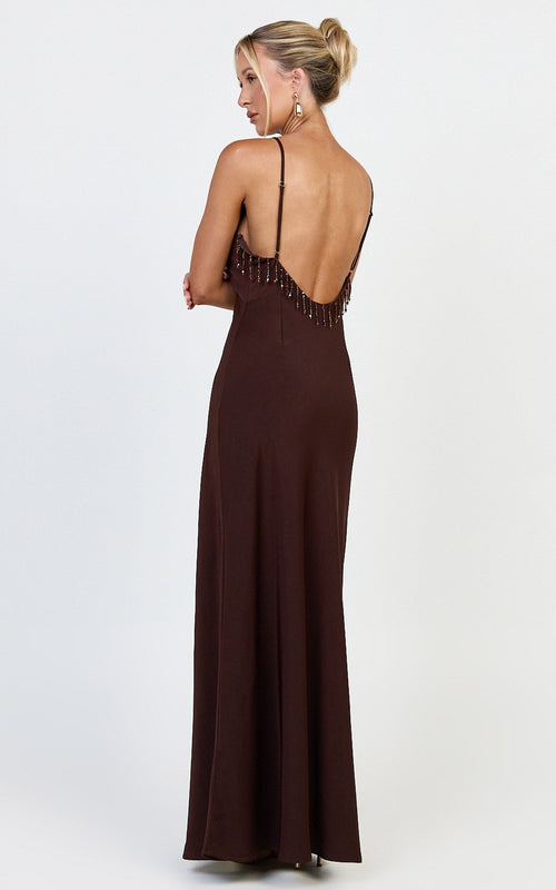 Azura Maxi Dress - Backless Beaded Trim Dress in Chocolate