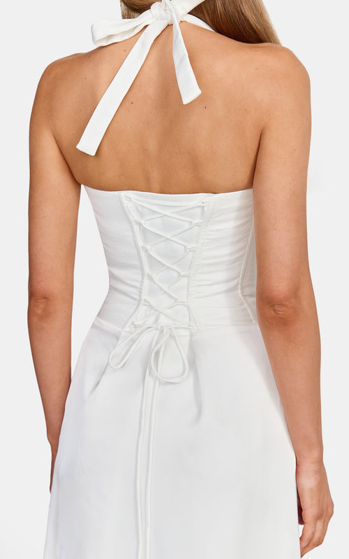 Amber Maxi Dress - Corset Bodice Draped Skirt Halter Dress in White