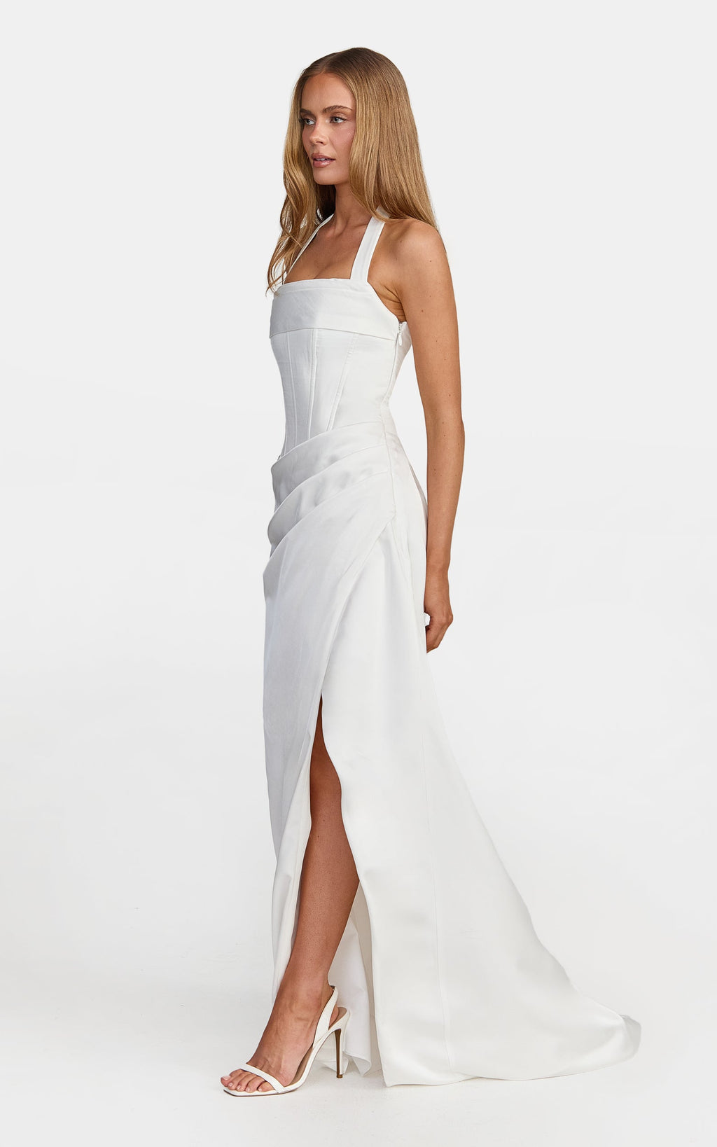 Amber Maxi Dress - Corset Bodice Draped Skirt Halter Dress in White
