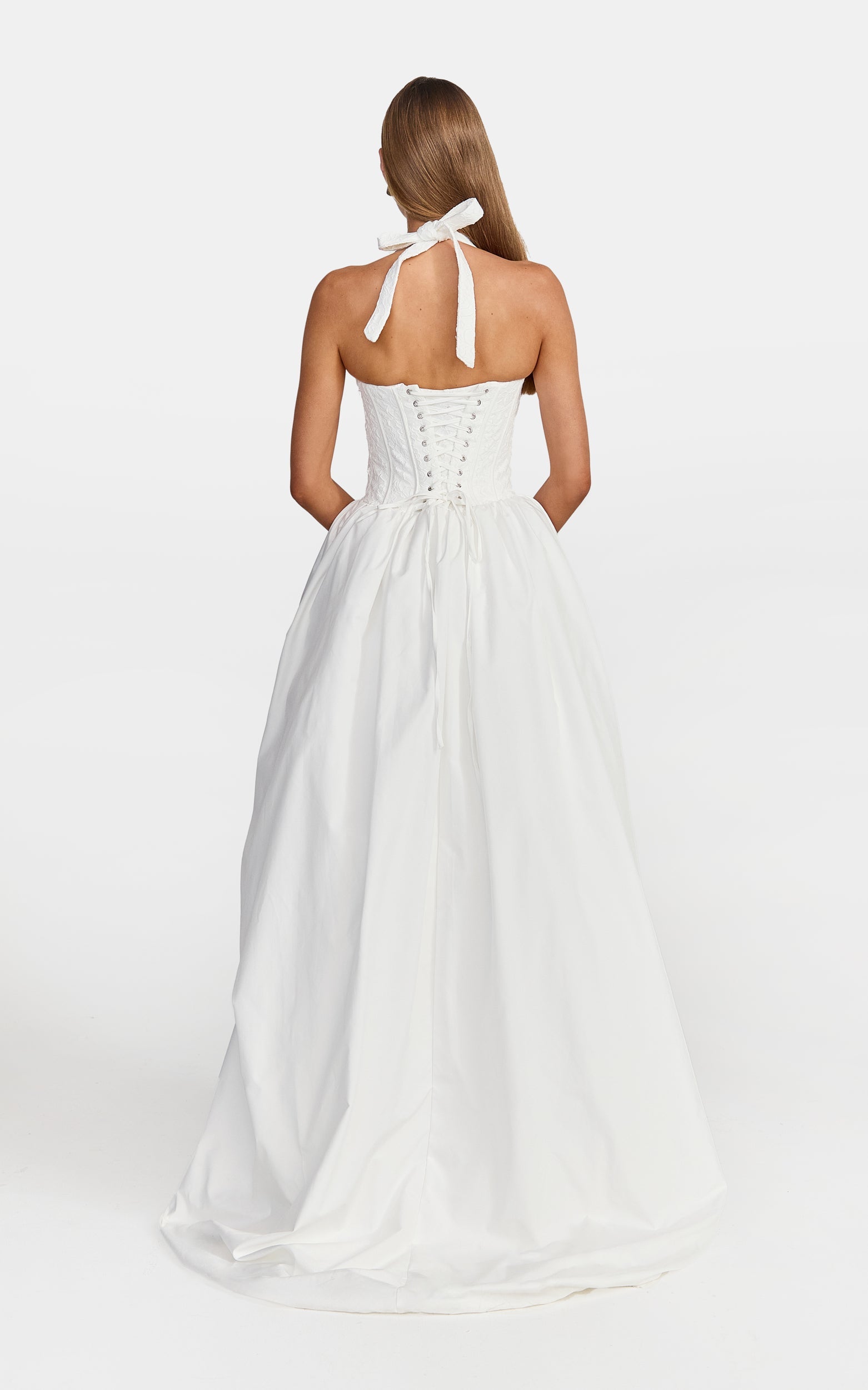 Aurella Maxi Dress - Lace Corset Bodice Asymmetric Bubble Hem Dress in White
