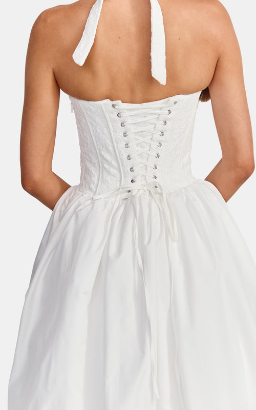 Aurella Maxi Dress - Lace Corset Bodice Asymmetric Bubble Hem Dress in White