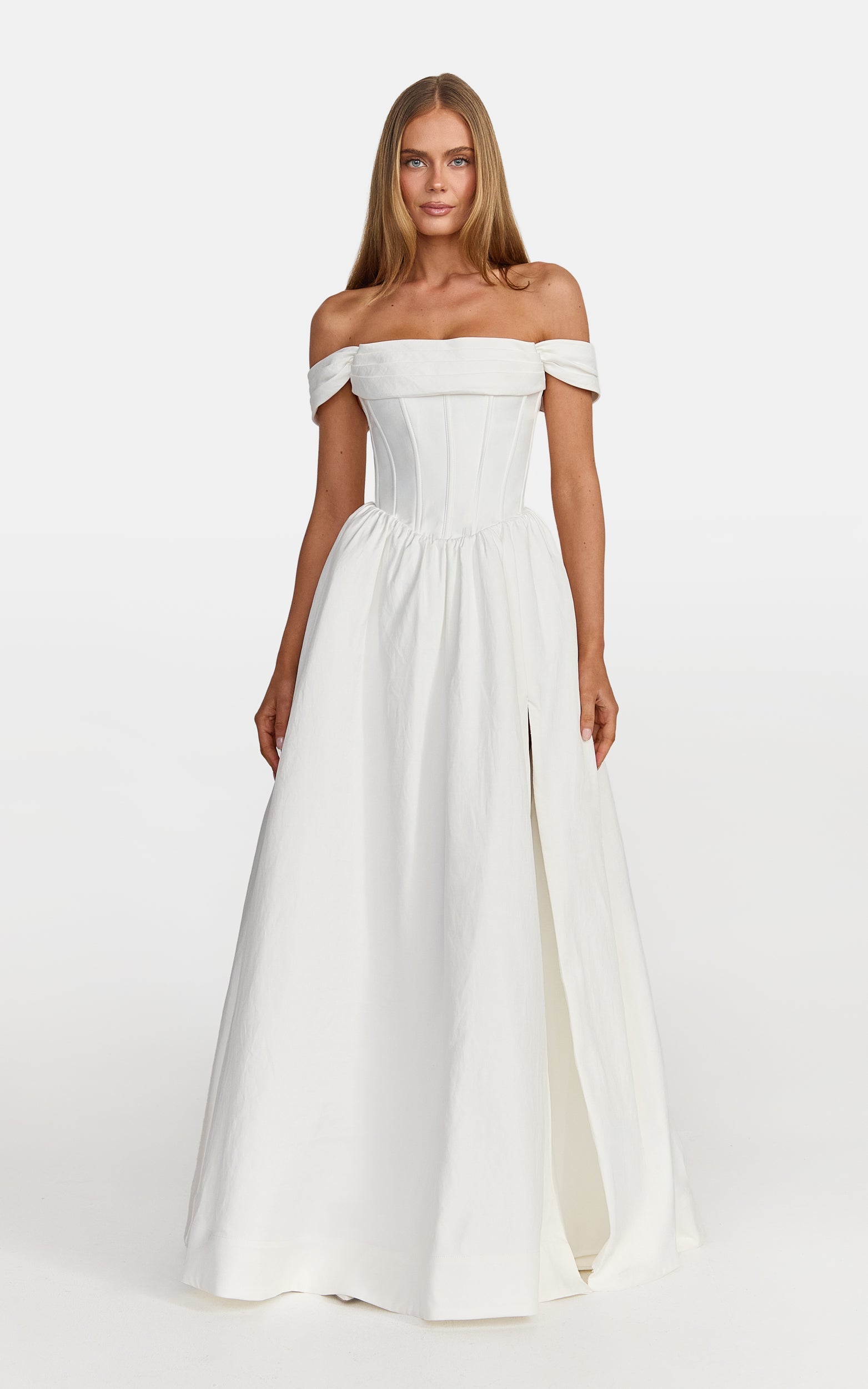 Eden Maxi Dress - Off Shoulder Draped Bust Corset Dress in White
