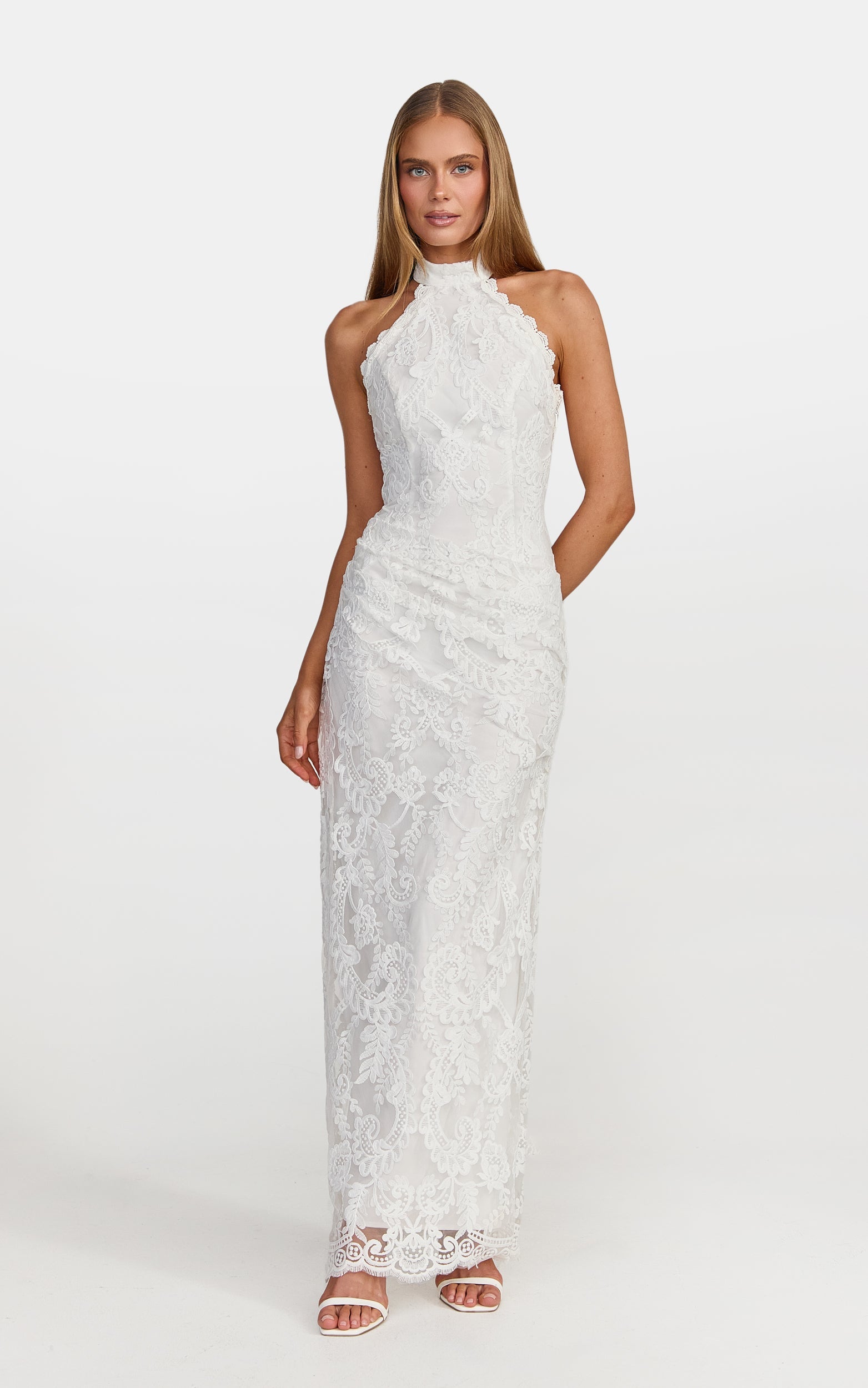 Molly Midi Dress - Backless Lace Halter Dress in White