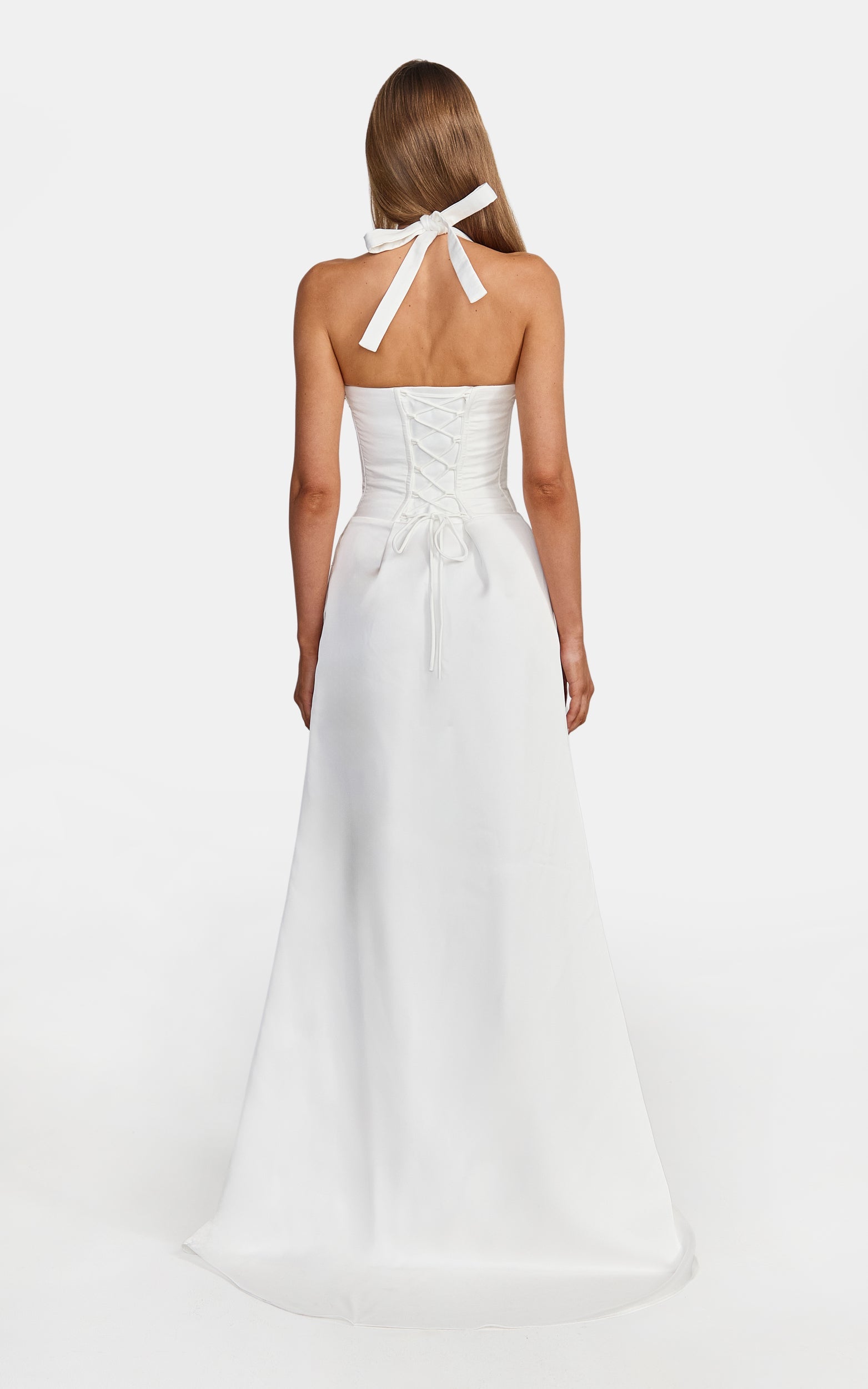 Amber Maxi Dress - Corset Bodice Draped Skirt Halter Dress in White