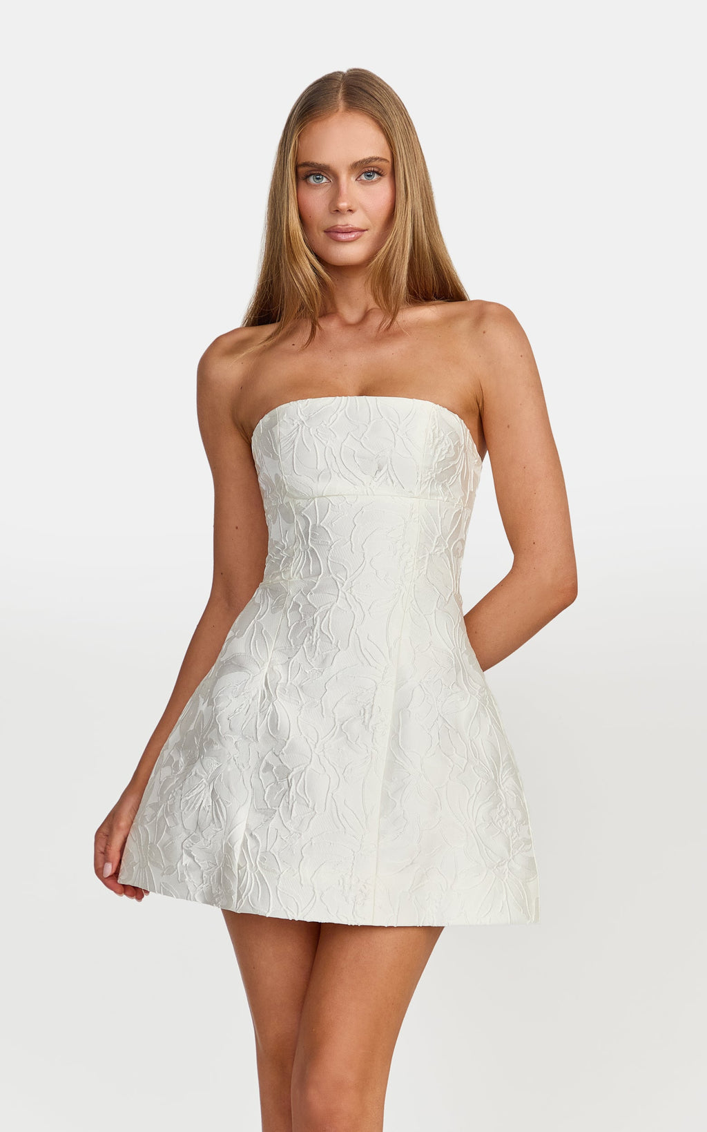 Rosalie Mini Dress - Strapless Jacquard Floral Mini Dress in White