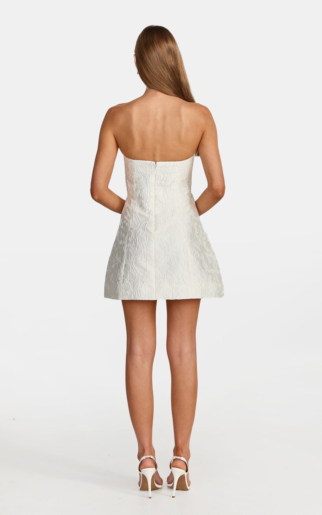 Rosalie Mini Dress - Strapless Jacquard Floral Mini Dress in White