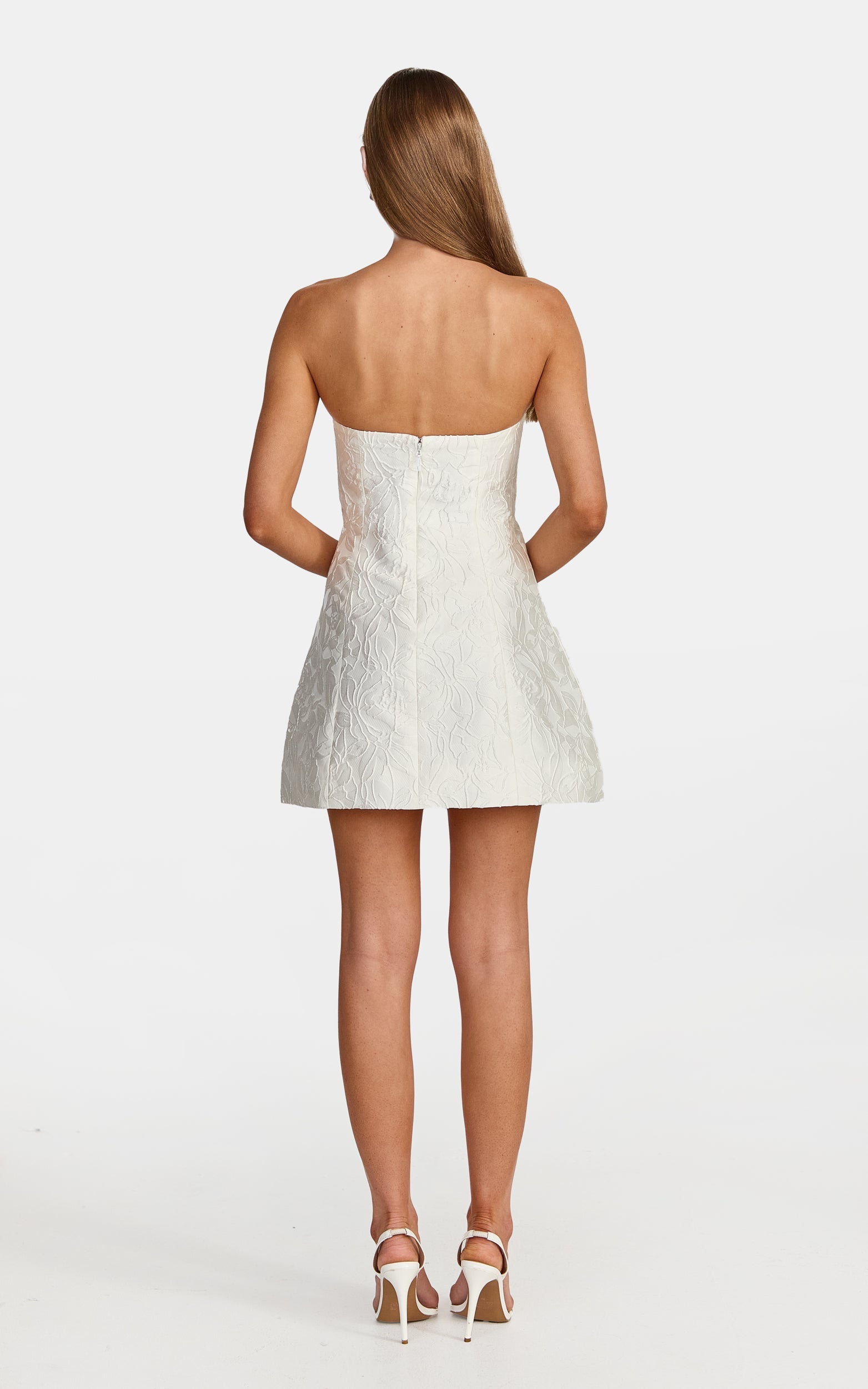 Rosalie Mini Dress - Strapless Jacquard Floral Mini Dress in White