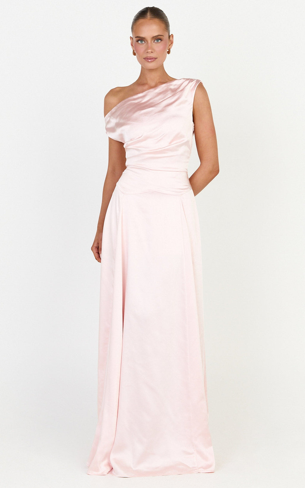 Helena Maxi Dress - Off Shoulder Godet Dress in Light Pink