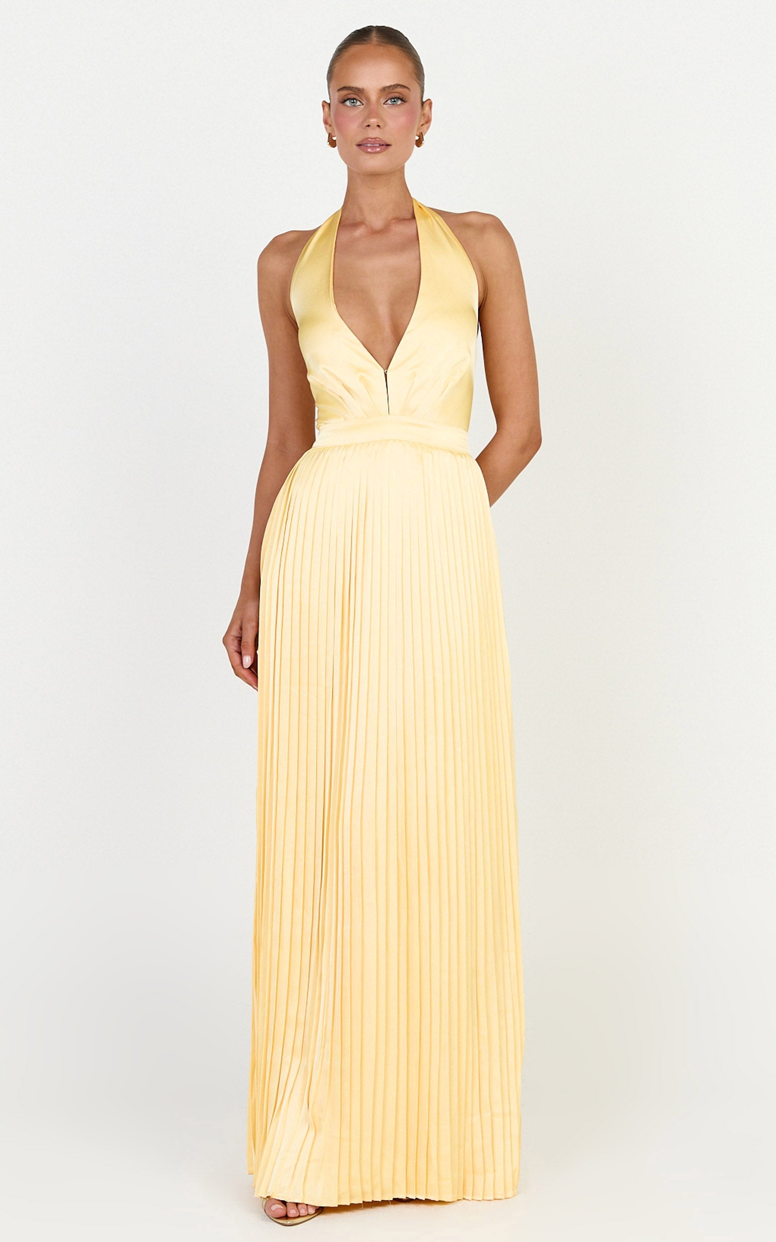 Kayla Maxi Dress - Plunge Neckline Pleated Halter Dress in Butter Yellow