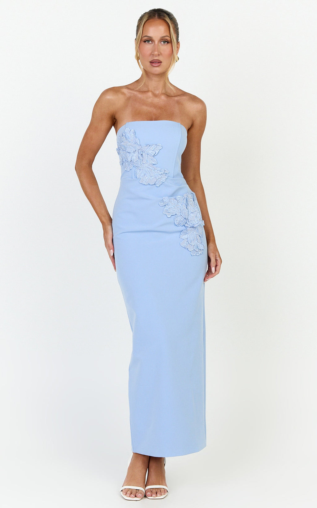 Moana Maxi Dress - Strapless Floral Embellished Structured Column Dress in Soft Blue