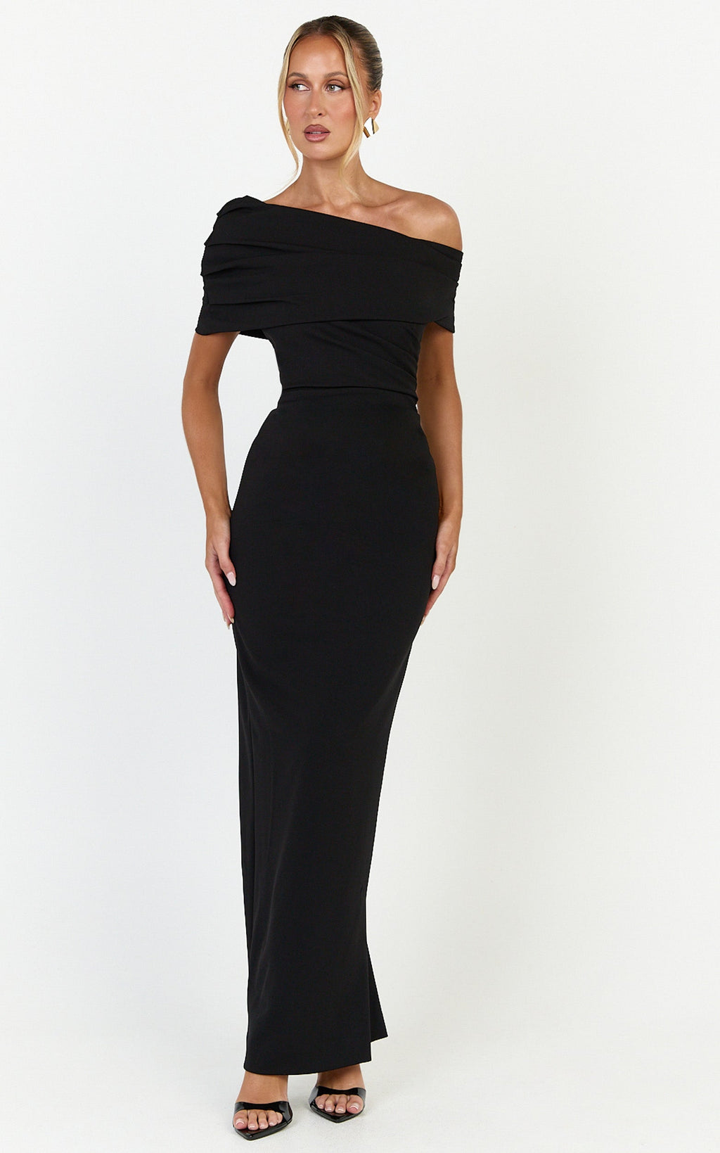 Ottilie Maxi Dress - Pin Tucked One Shoulder Fitted Dress in Black