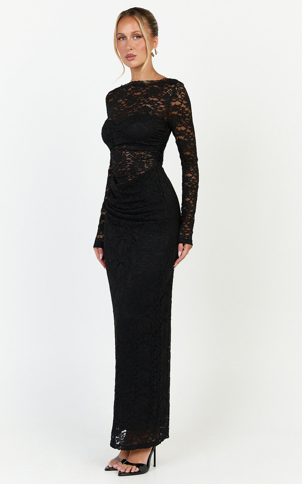 Skye Maxi Dress - Lace Long Sleeve Draped Waist Dress in Black