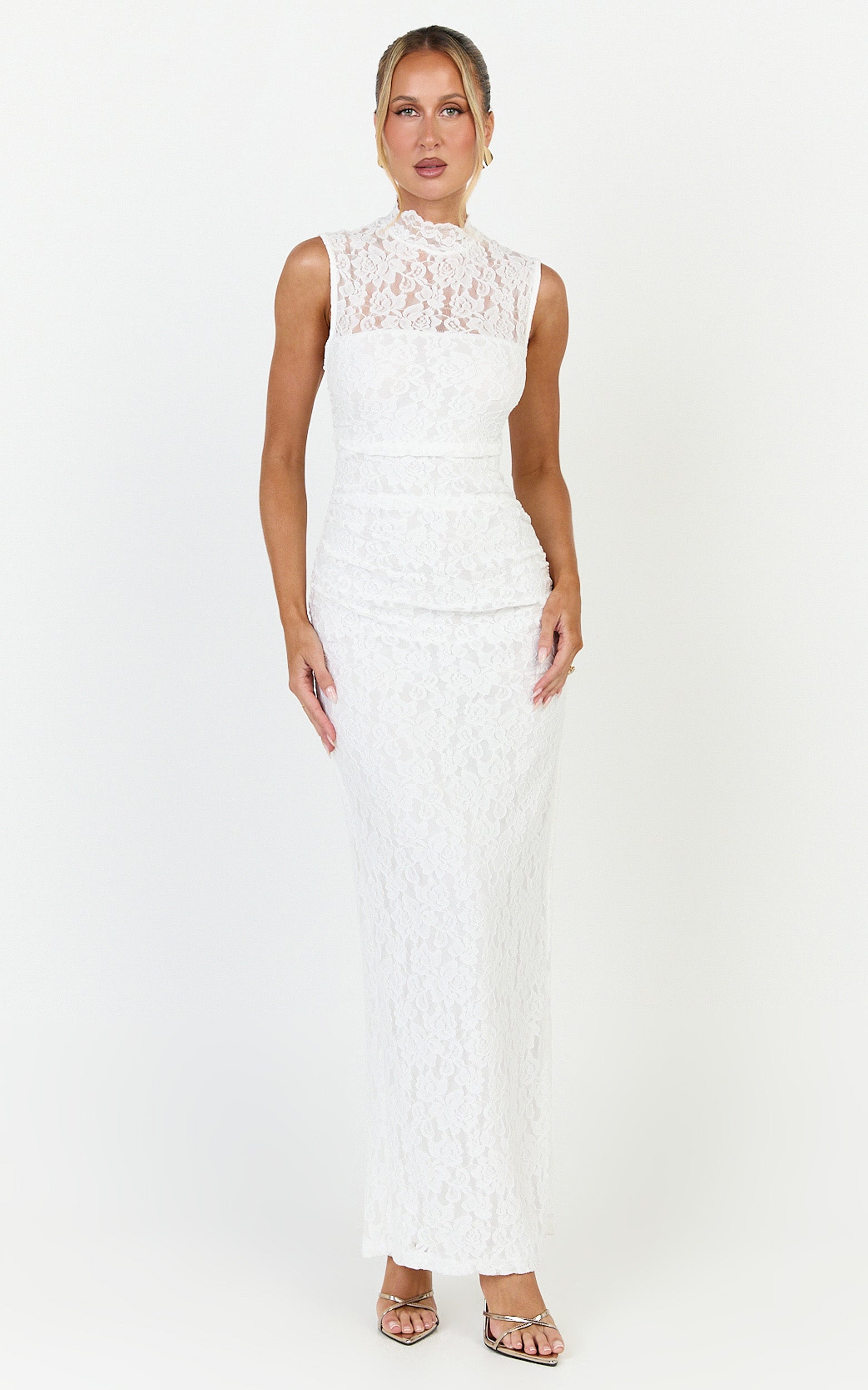 Luna Maxi Dress - Lace High Neck Sleeveless Dress in White