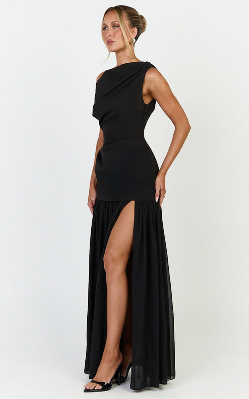 Azure Maxi Dress - Tipped Shoulder Dress With Tuck Detail and Leg Split in Black