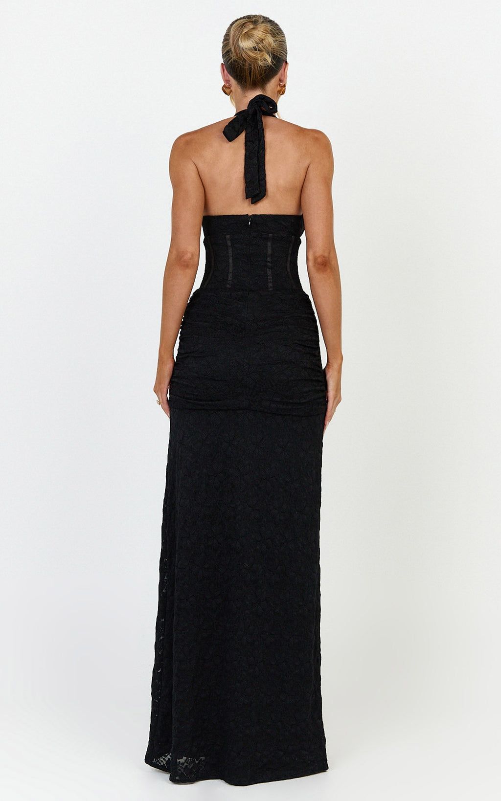 Lacey Maxi Dress - Lace Corset Style Bodice Halter Dress in Black