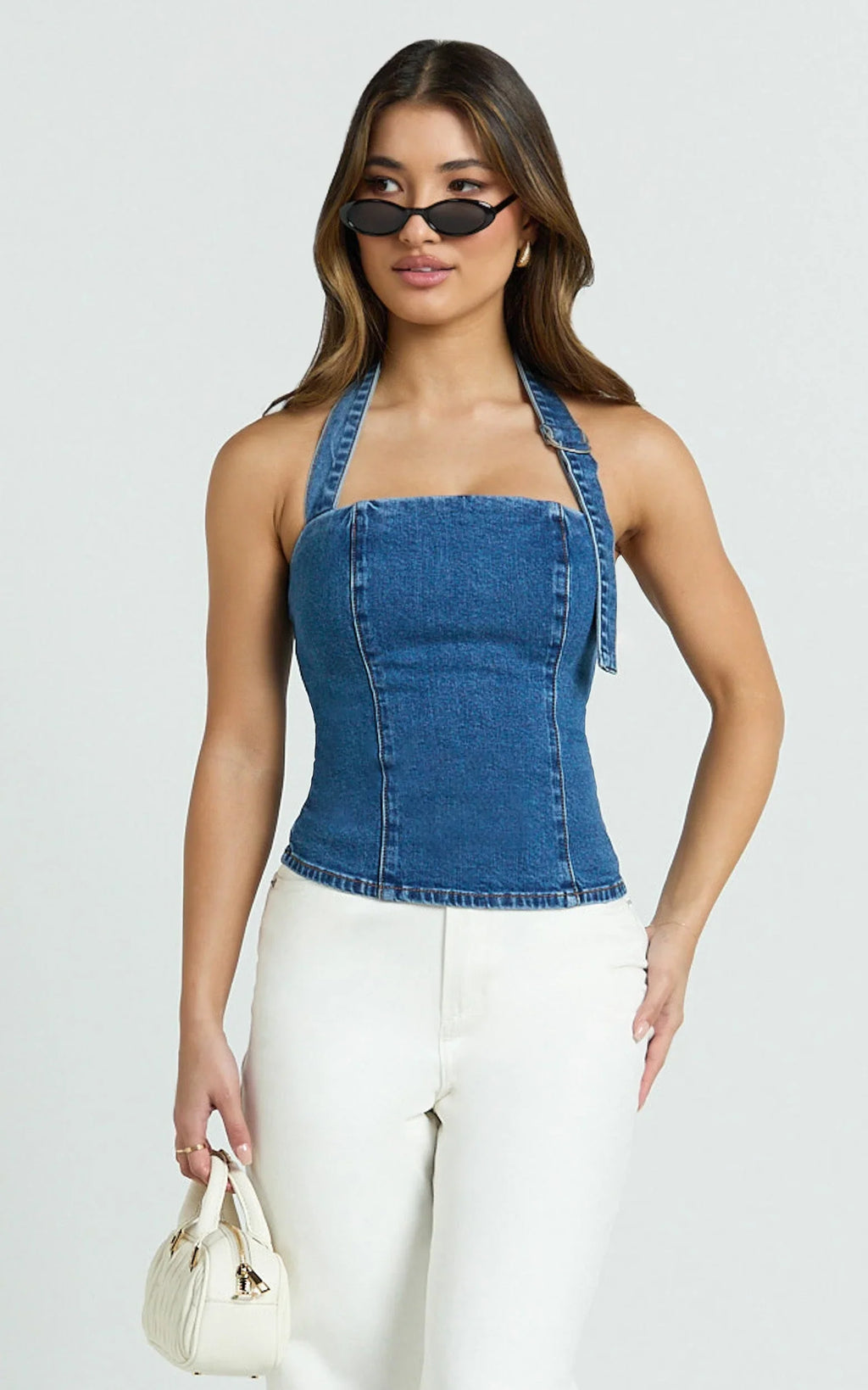 Nicky Top - Denim Hardware Buckle Halter Neck Top in Dark Blue Wash