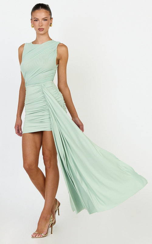 Baylee Mini Dress - Gathered One Shoulder Bodycon Dress in Sage
