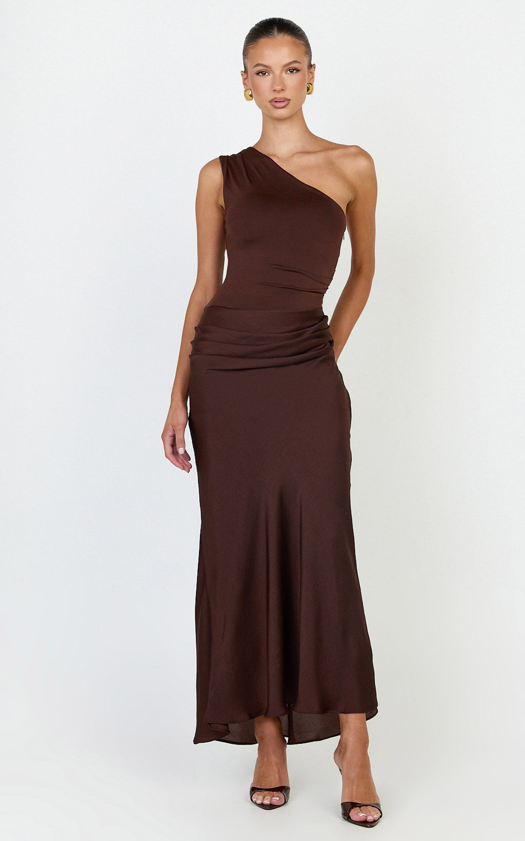 Astrid Midi Dress - One Shoulder Contrast Satin Dress in Chocolate