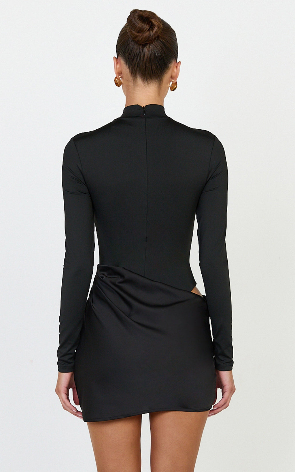 Naomi Mini Dress - Long Sleeve Draped Skirt Dress in Black