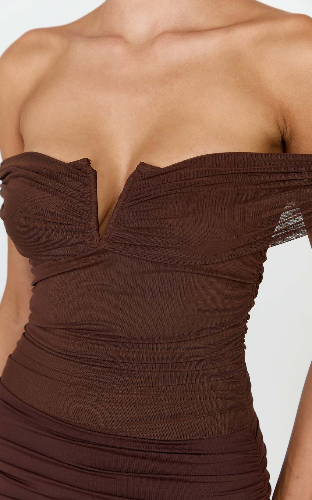 Vienna Maxi Dress - Off Shoulder Gathered Bodice Dress in Chocolate