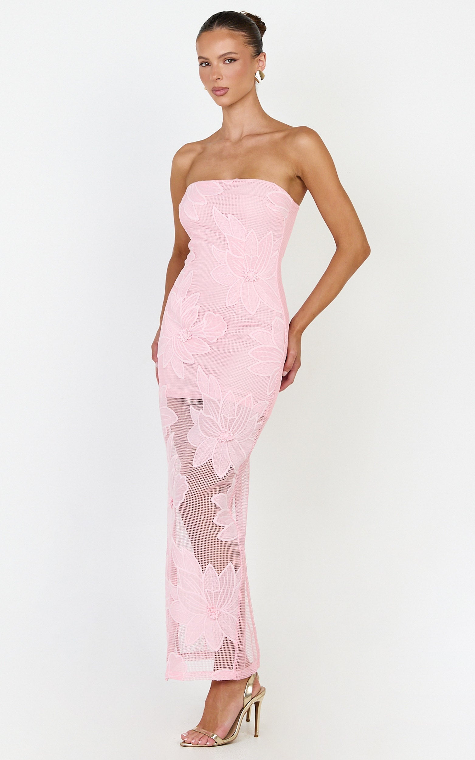 Sienna Midi Dress - Strapless Floral Embroidered Bodycon Dress in Pink
