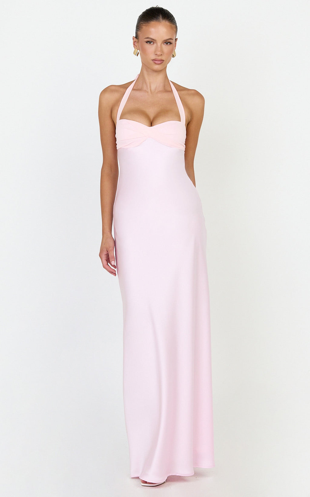 Flynn Maxi Dress - Satin Halter Sweetheart Neck Dress in Pink
