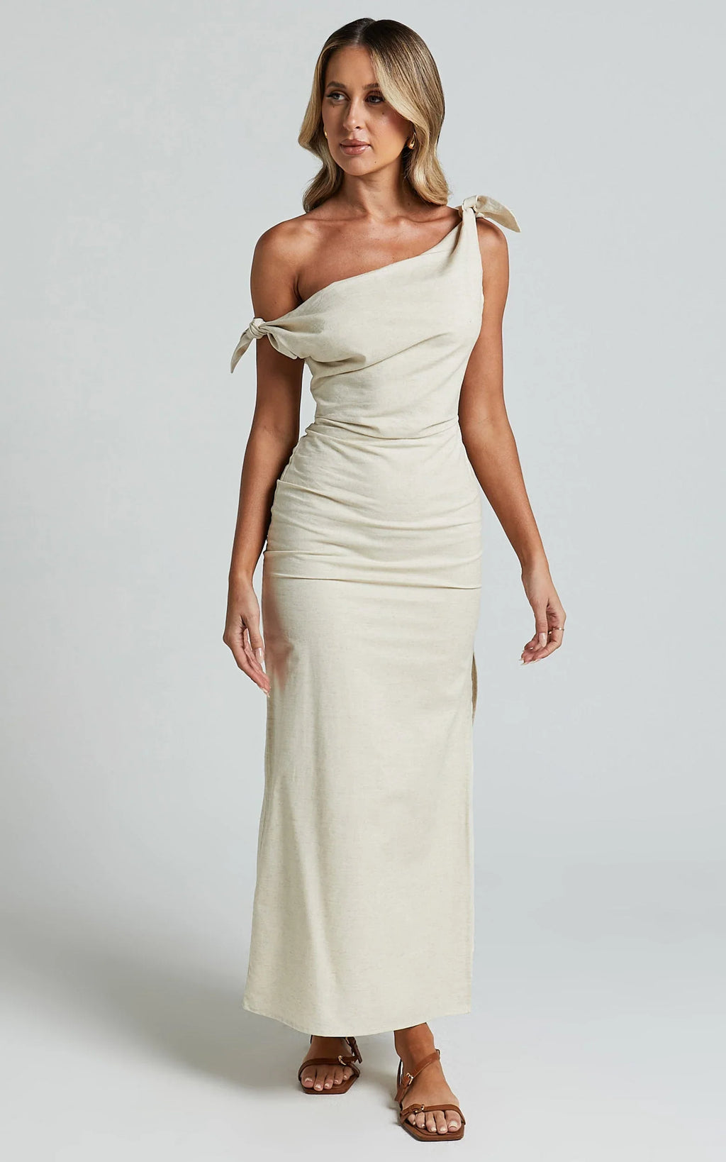 Cincinnati Midi Dress - Off The Shoulder Side Split Column Linen Dress in Beige