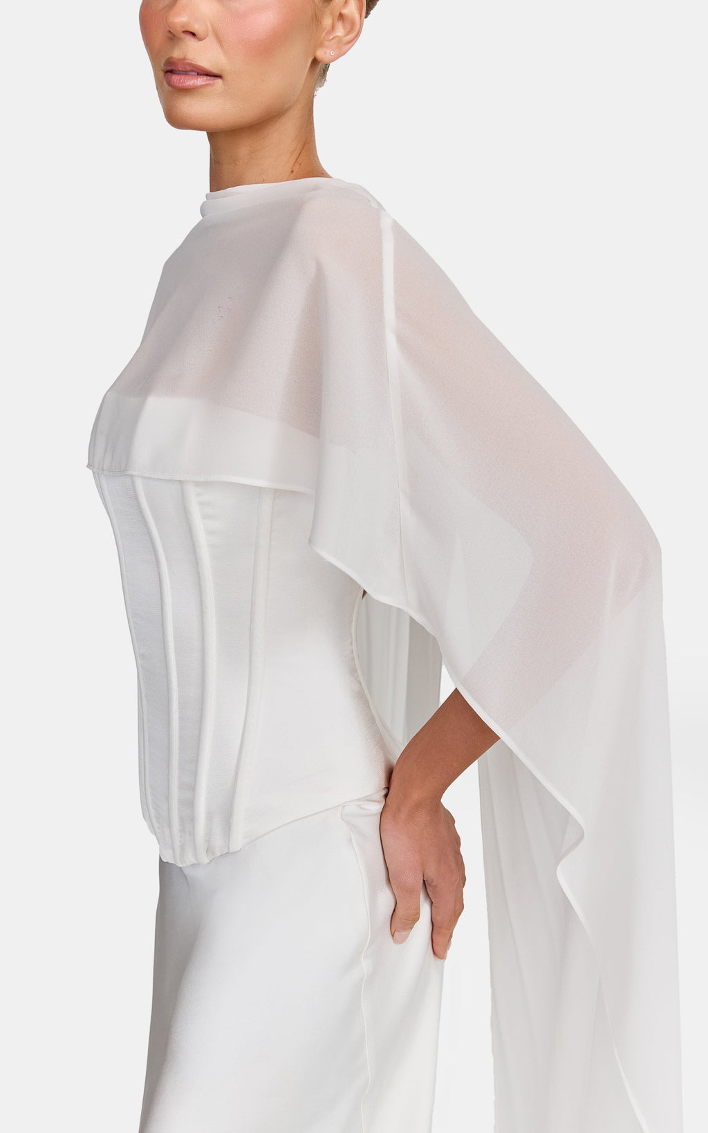 Carrie Top - Georgette Overlay Cape Top in White