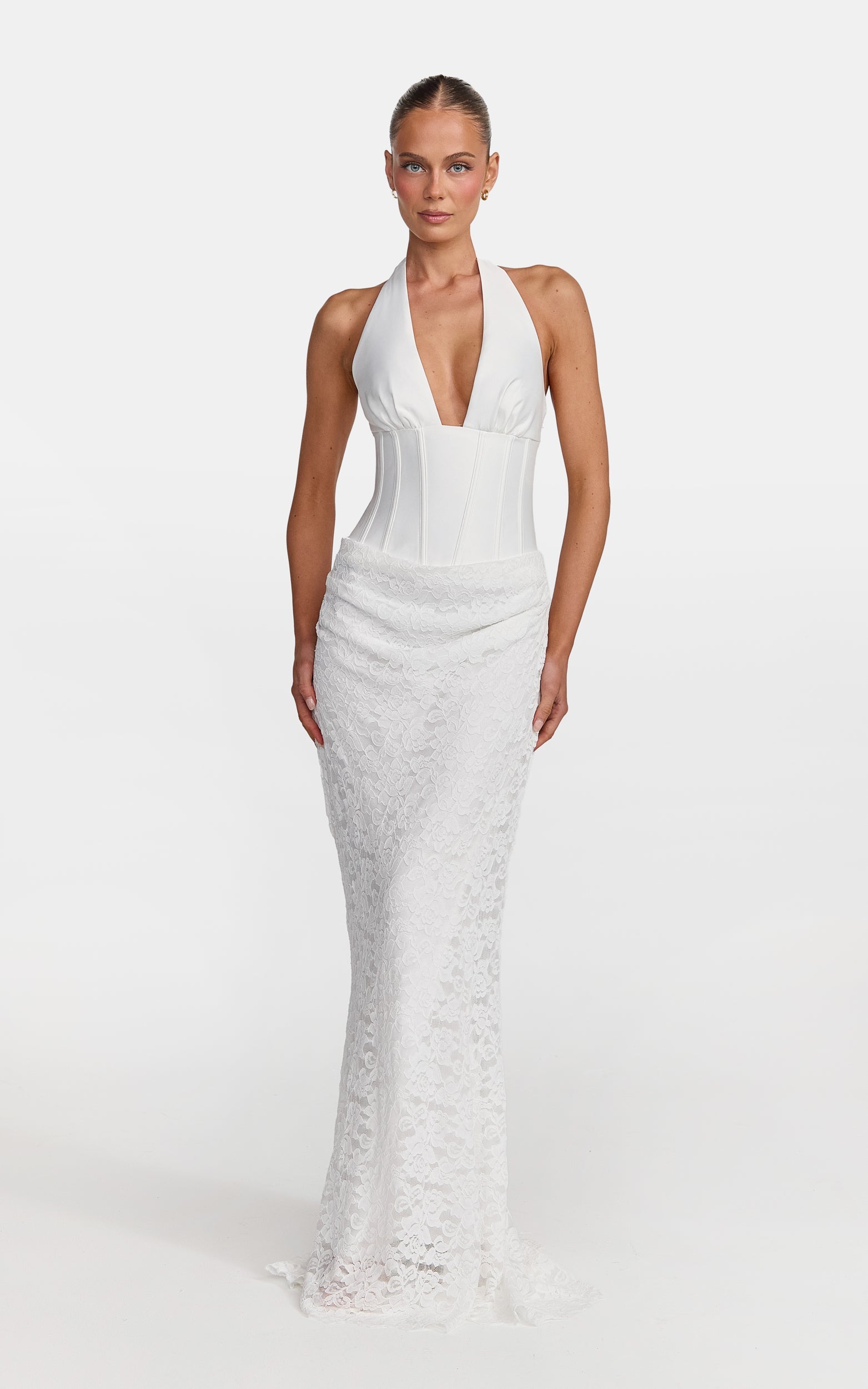 Tilly Maxi Dress - Lace Plunge Neckline Halter Dress in White