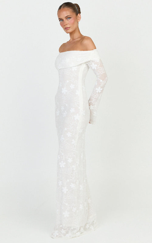 Aurelle Maxi Dress - Off Shoulder Floral Embroidered Dress in Ivory