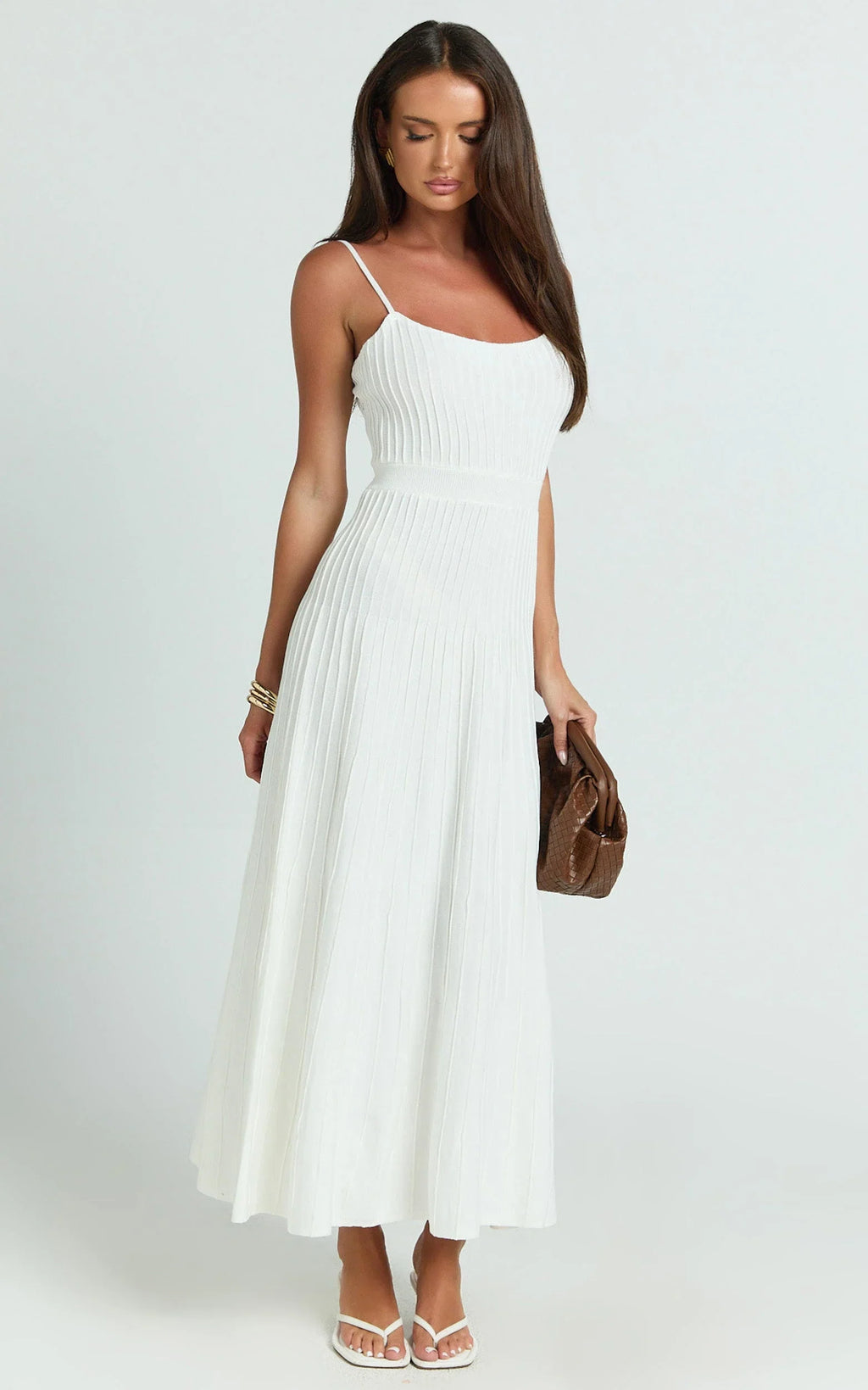 Donissa Midi Dress - Panelled Knit Dress in White