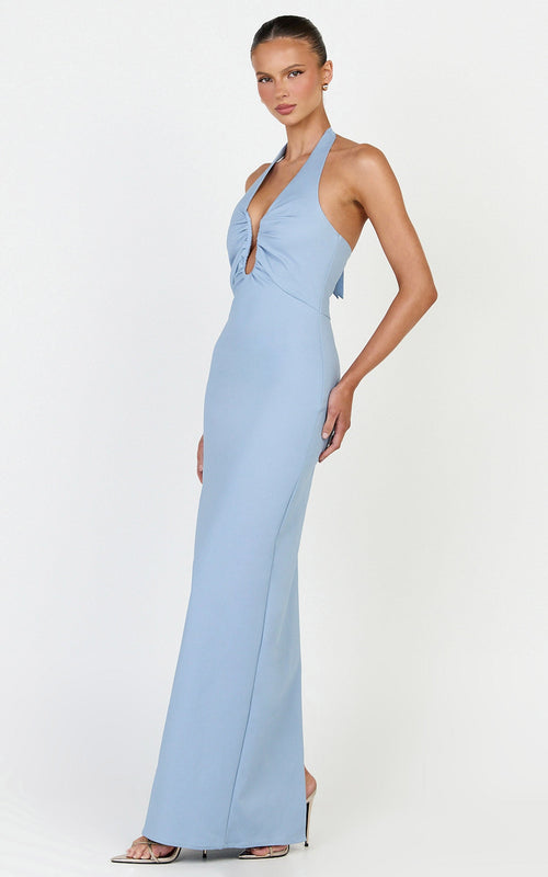 Baya Maxi Dress - Gathered Plunge Neckline Halter Dress in Pale Blue