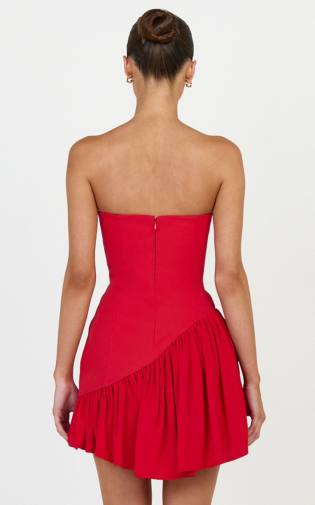 Calla Mini Dress - Strapless Gathered Asymmetric Dropped Waist Dress in Red