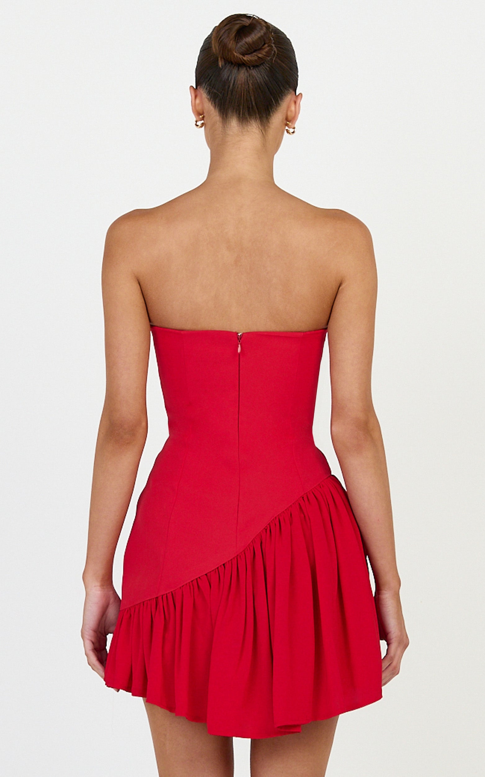 Calla Mini Dress - Strapless Gathered Asymmetric Dropped Waist Dress in Red