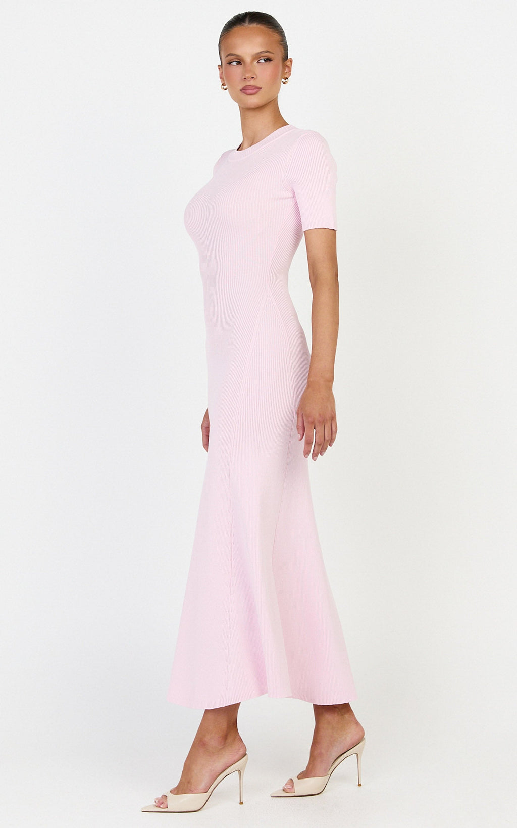 Lanie Midi Dress - Knitted Crew Neck Short Sleeve Dress in Pink
