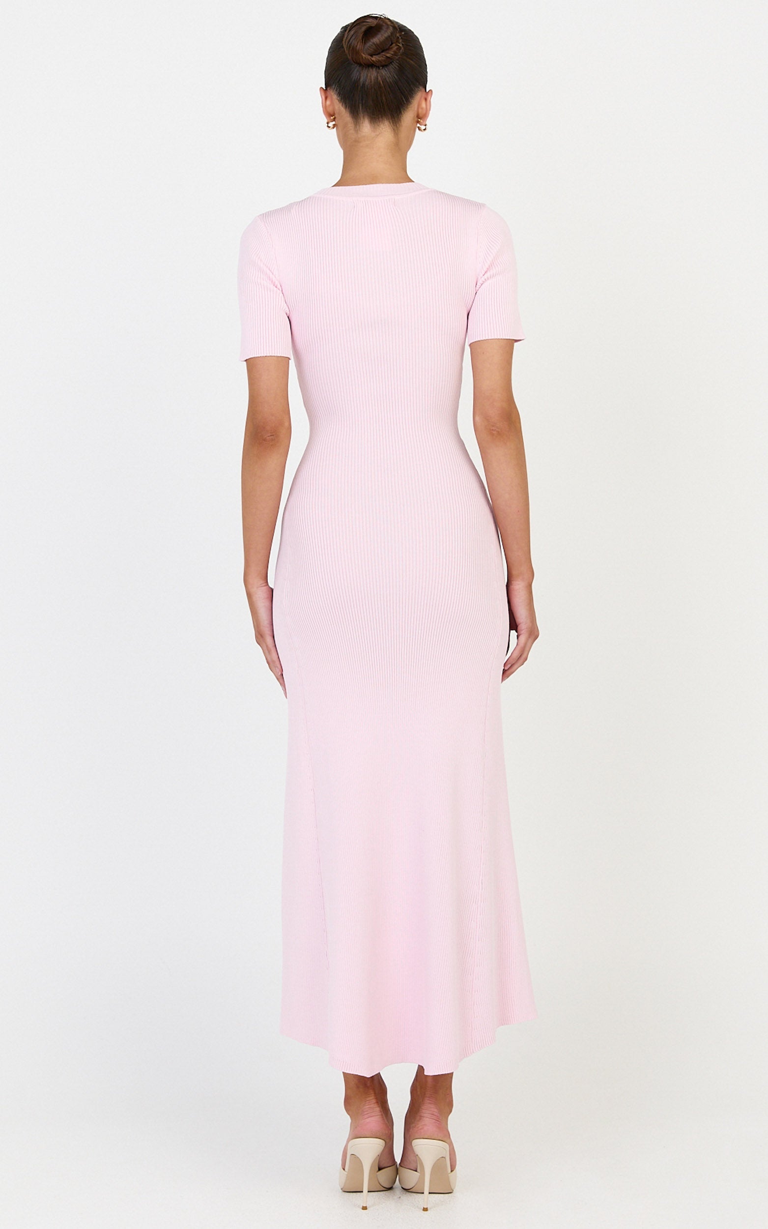 Lanie Midi Dress - Knitted Crew Neck Short Sleeve Dress in Pink