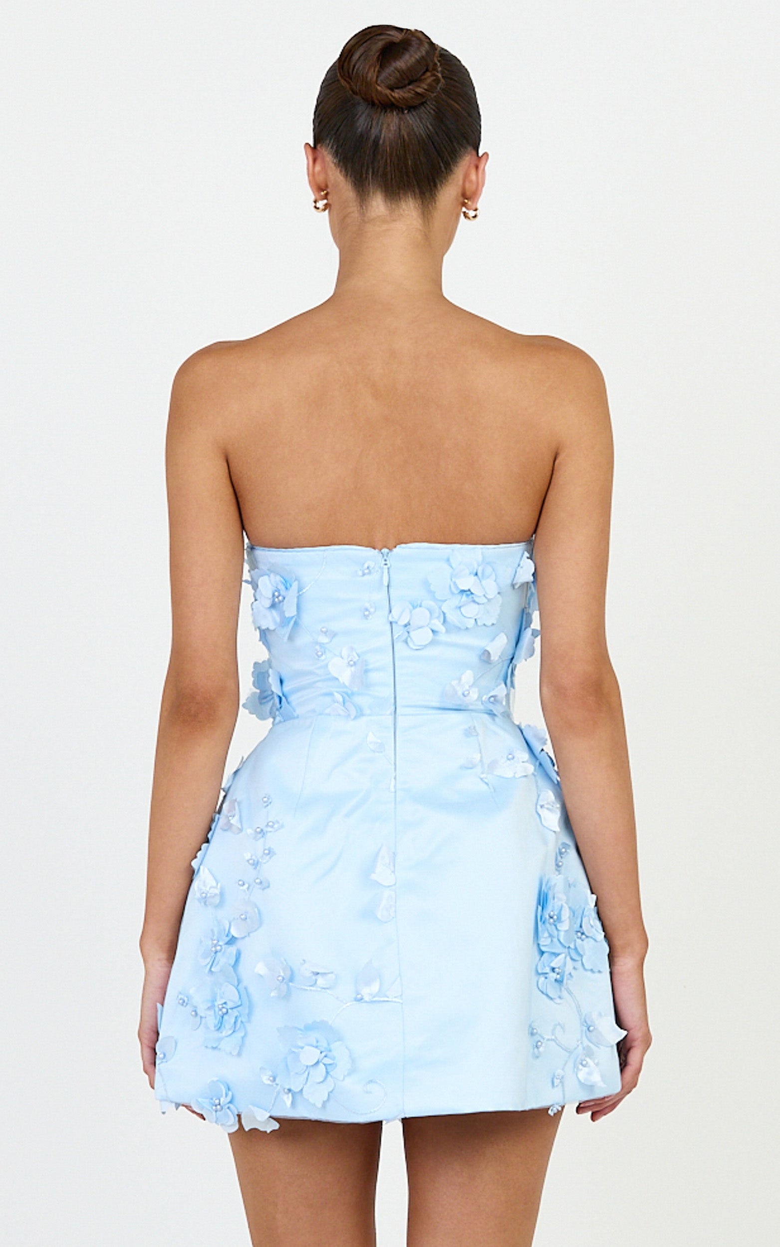 Delphine Mini Dress - Strapless Floral Embellished A Line Dress in Blue