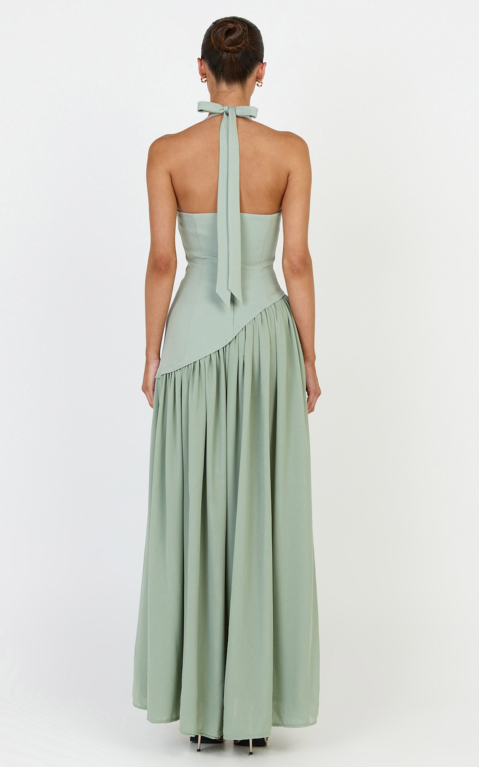 Calla Maxi Dress - Halter Neck Asymmetric Dropped Waist Dress in Sage