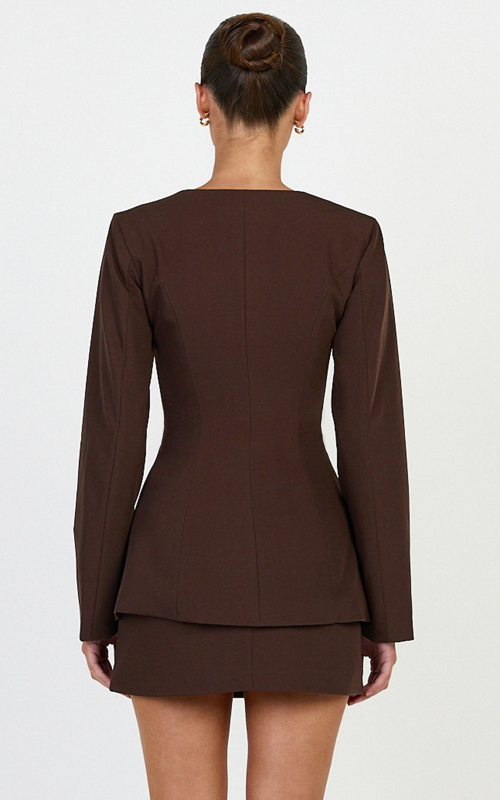 Rae Two Piece Set - Long Sleeve Button Down Tailored Top and Mini Skirt Set in Chocolate