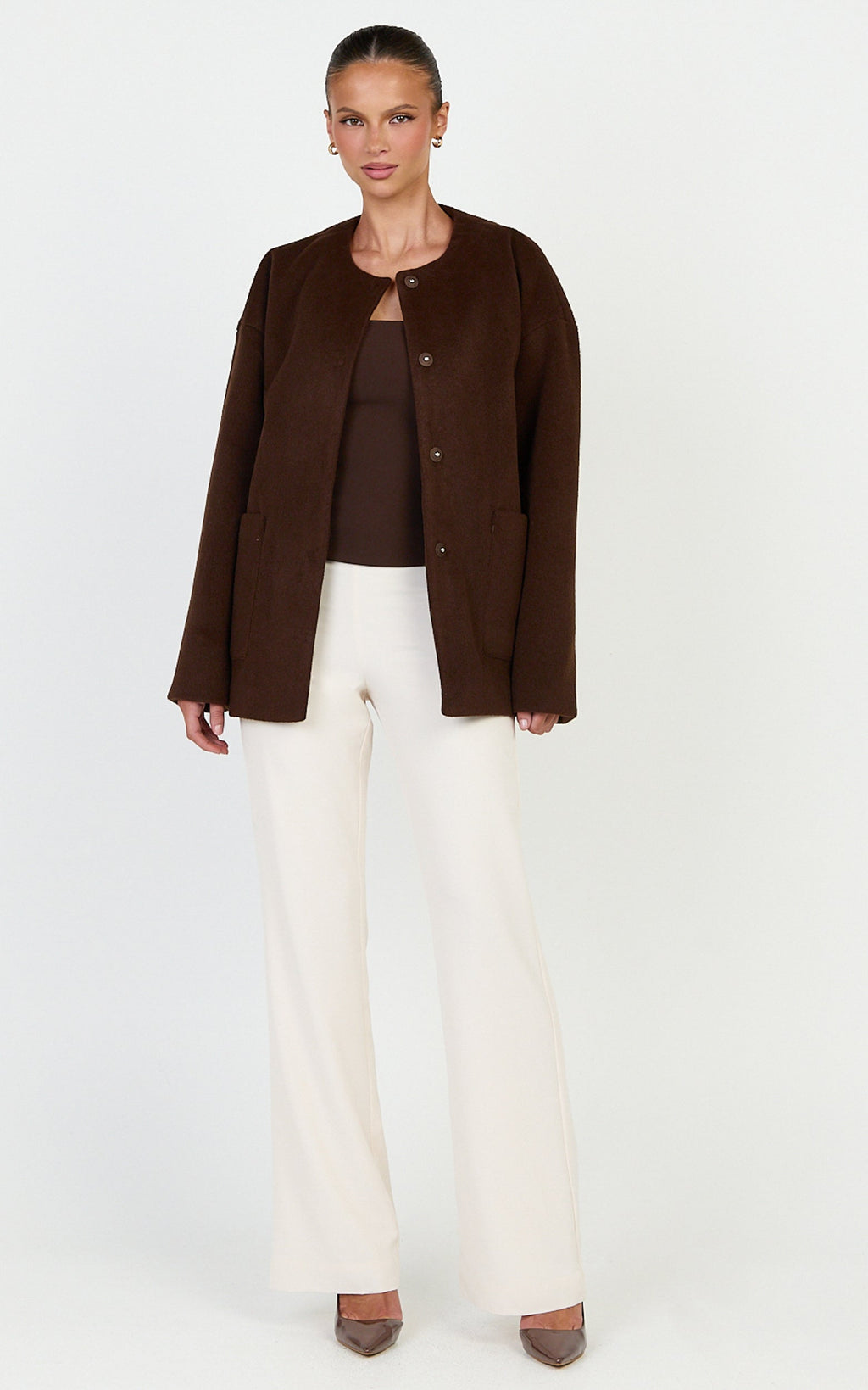 Carys Coat - Oversized Long Sleeve Coat With Neck Scarf in Chocolate