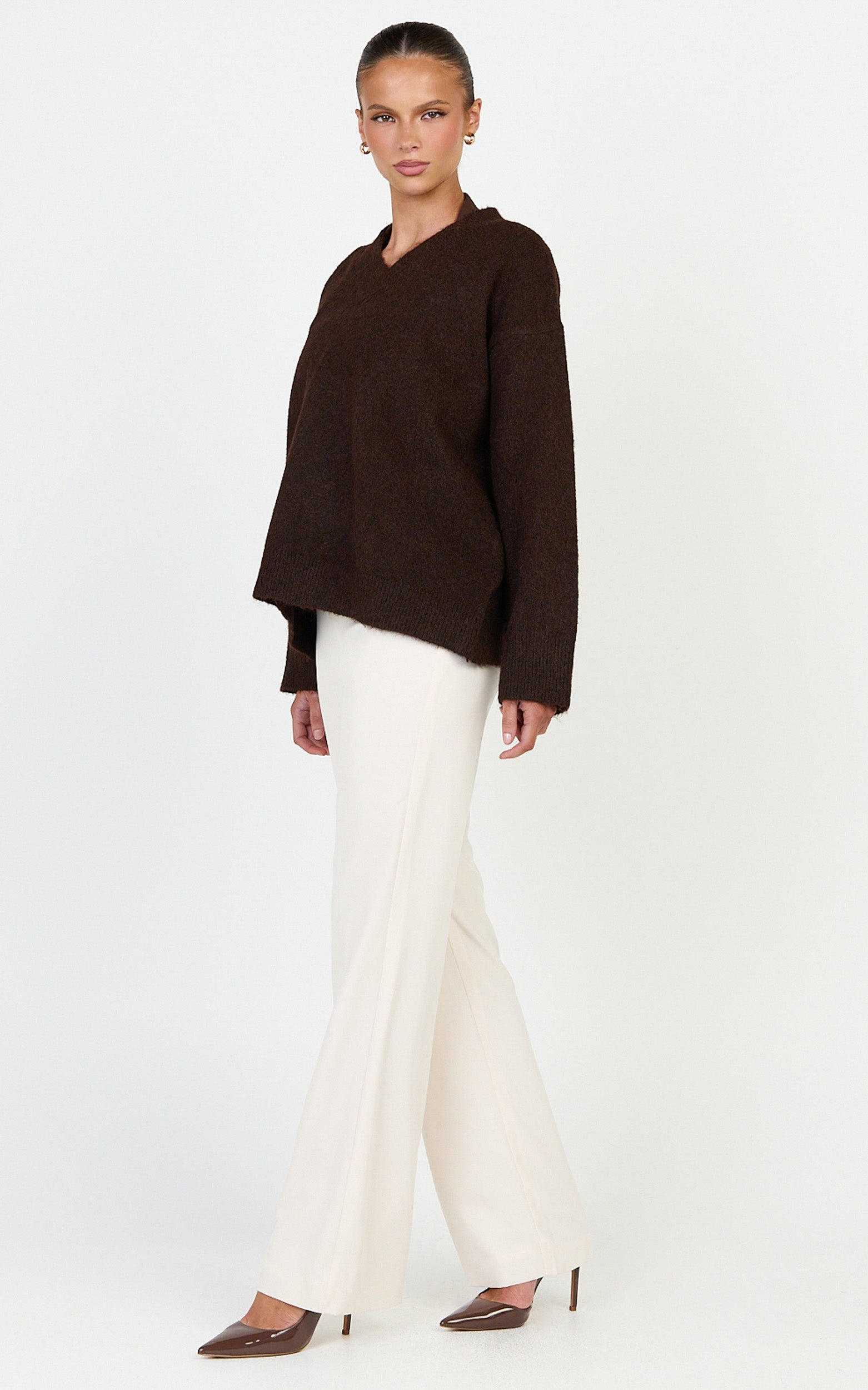 Clementine Jumper - V Neck Knit Jumper in Chocolate
