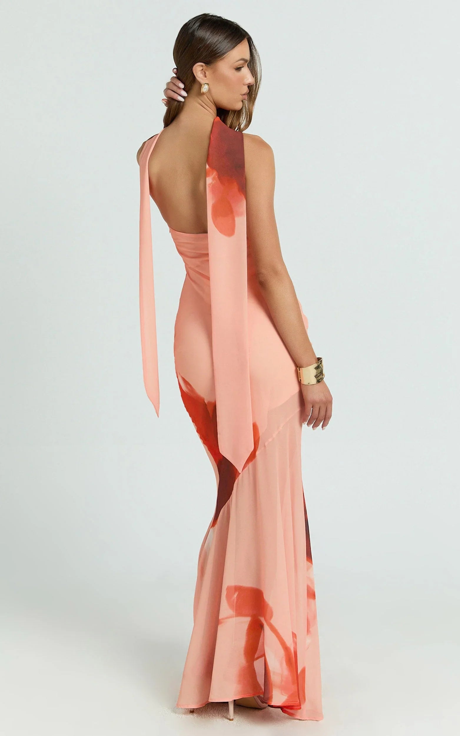 Angie Maxi Dress - Strapless Bias Column Dress with Scarf in Orange